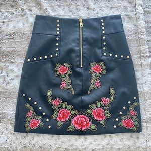 Embroidered Black Leather Mini Skirt